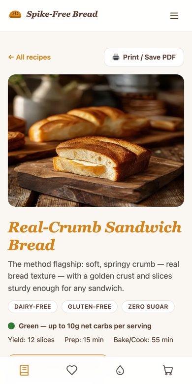 Real app screen: recipe with spike meter, nutrition, and servings